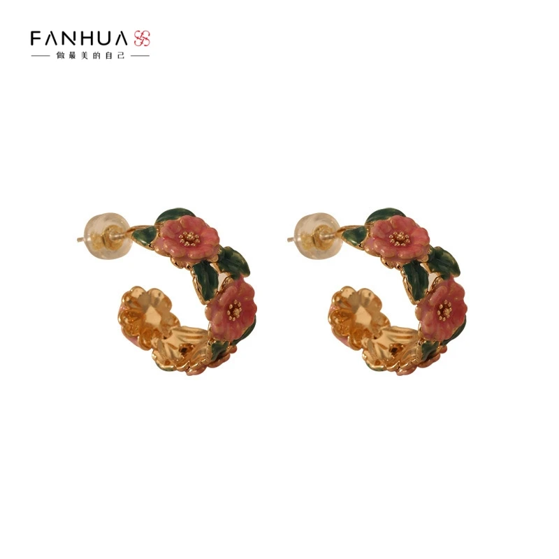 铜合金珐琅耳饰 00379法式高级复古山茶花珐琅滴油高级精致耳钉