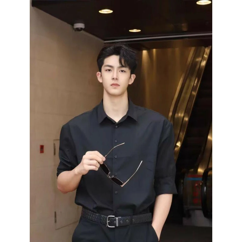 高级感垫肩黑衬衫男意式那不勒斯西服黑色长袖衬衣宽松英伦寸衫