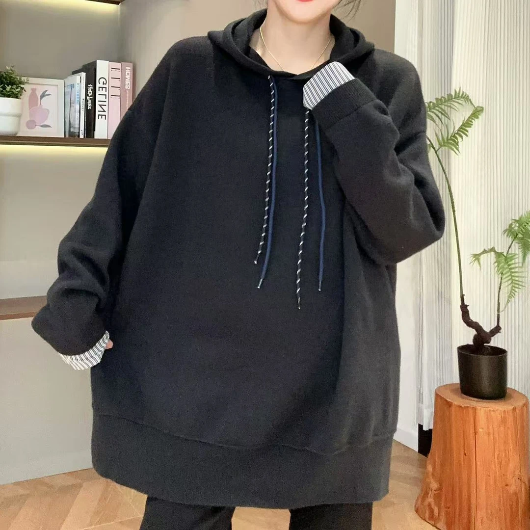 秋冬开叉拼接袖卫衣风套头连帽针织衫4-10-28