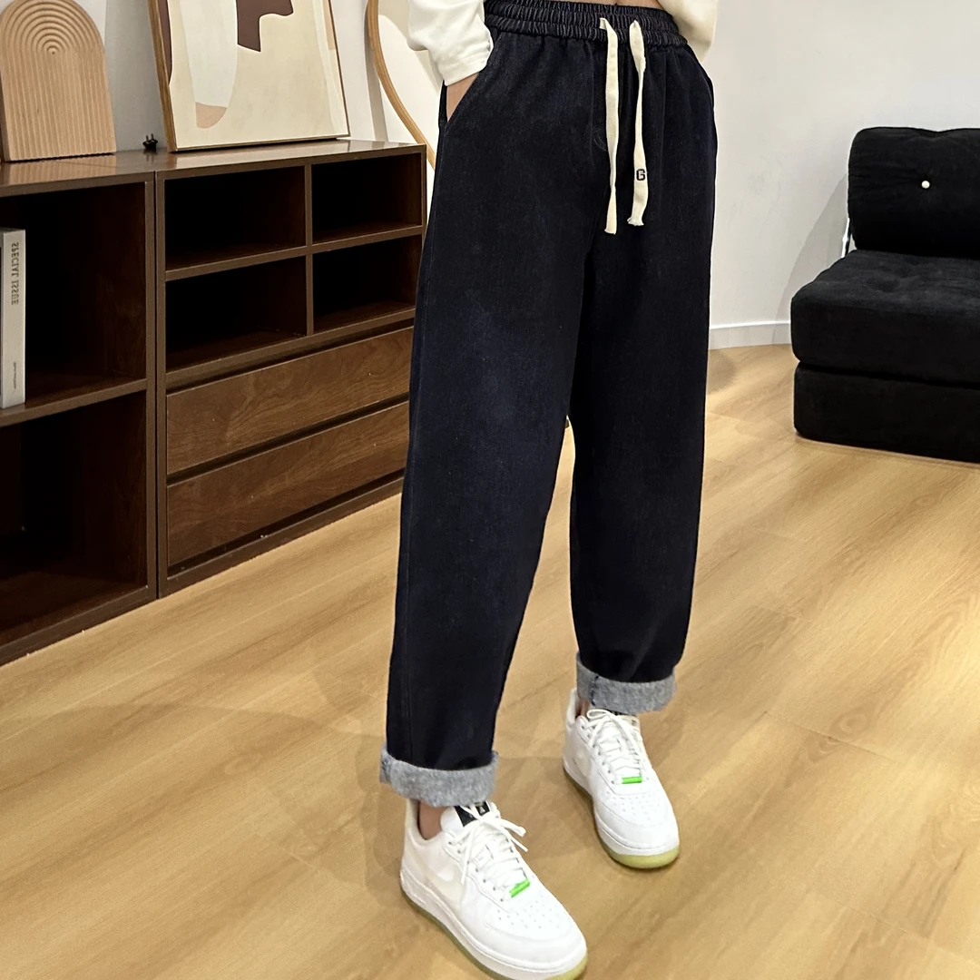 秋冬精致翘楚显瘦直筒裤松紧腰系带磨毛牛仔裤3-11-5