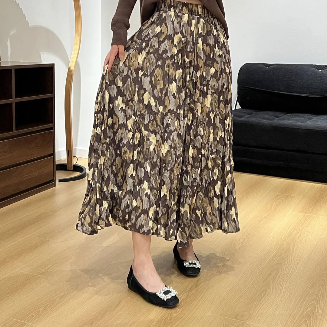 秋季落叶油画松紧腰肌理感气质中长款半身裙3-9-11