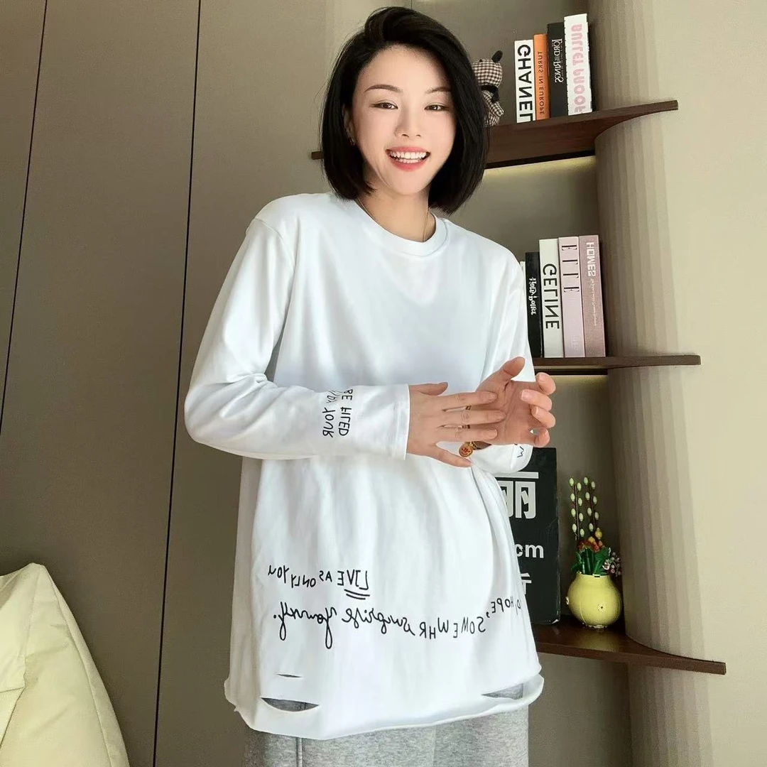 秋冬下摆破边字母圆领长袖T恤4-11-7