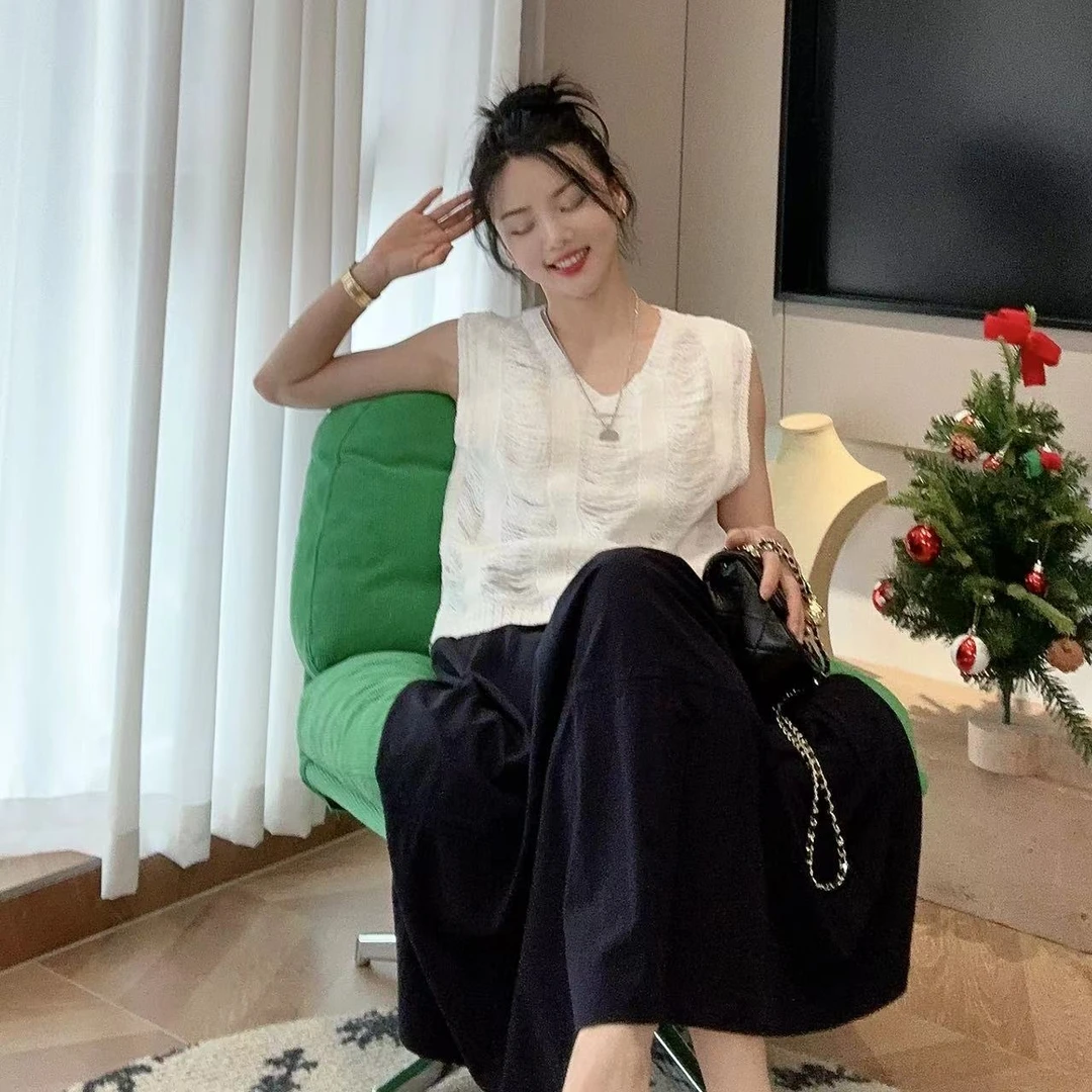 夏季毛边立体提花拼接V领针织镂空针织衫4-7-11