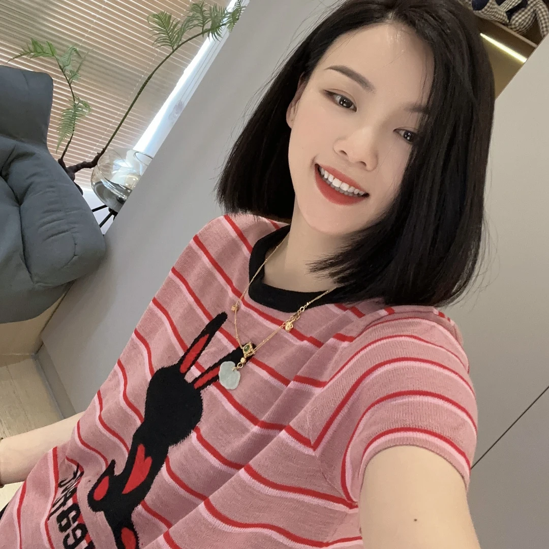 夏款爱心兔兔刺绣小众细条纹针织小衫3-6-11