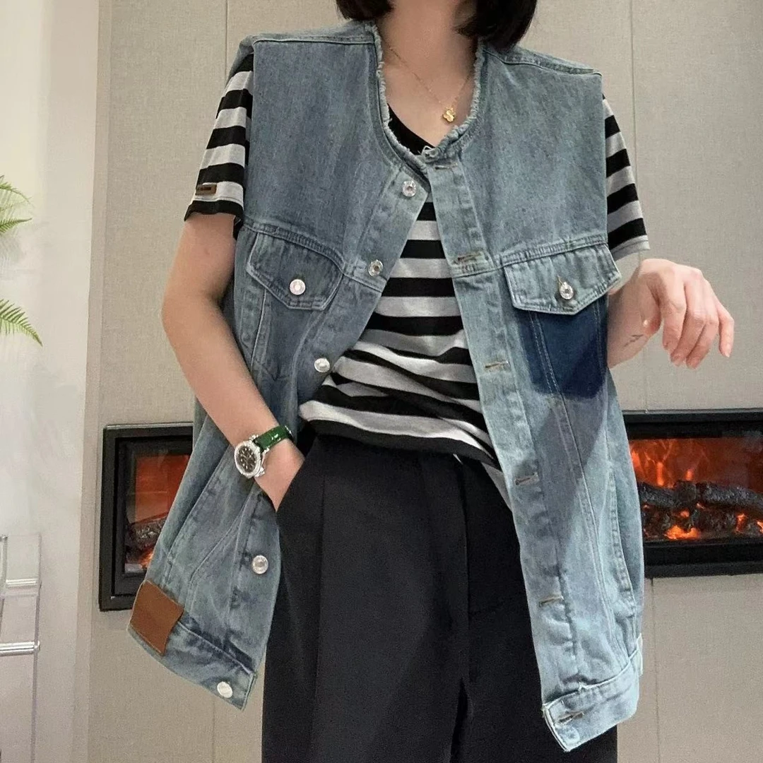 春夏款一眼聚焦复古水洗口袋拼色单排扣牛仔马甲3-4-5时尚休闲