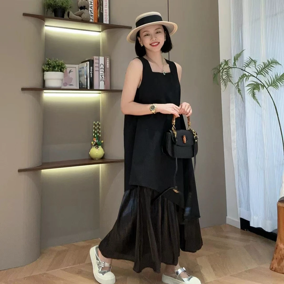 夏季人鱼泡泡拼接不规则下摆无袖连衣裙4-6-26