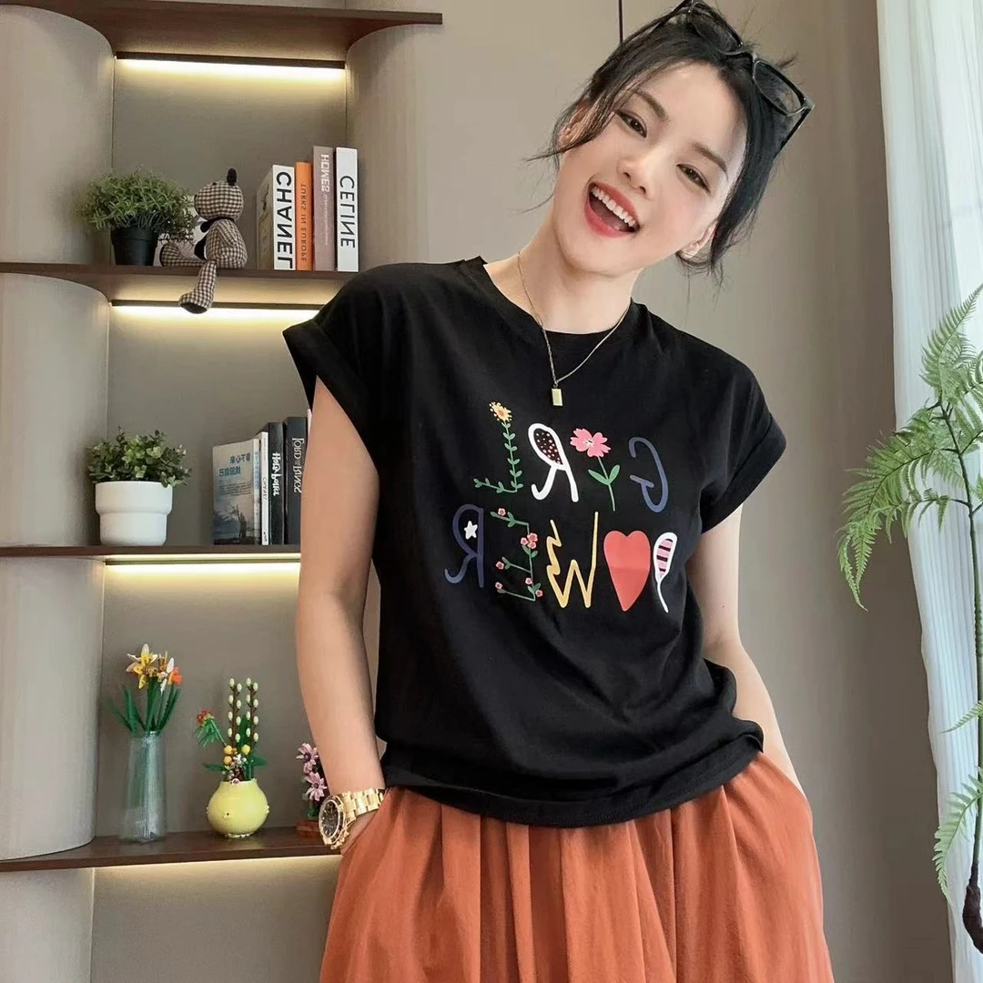 夏季女孩力量小花圆领百搭短袖T恤4-4-29