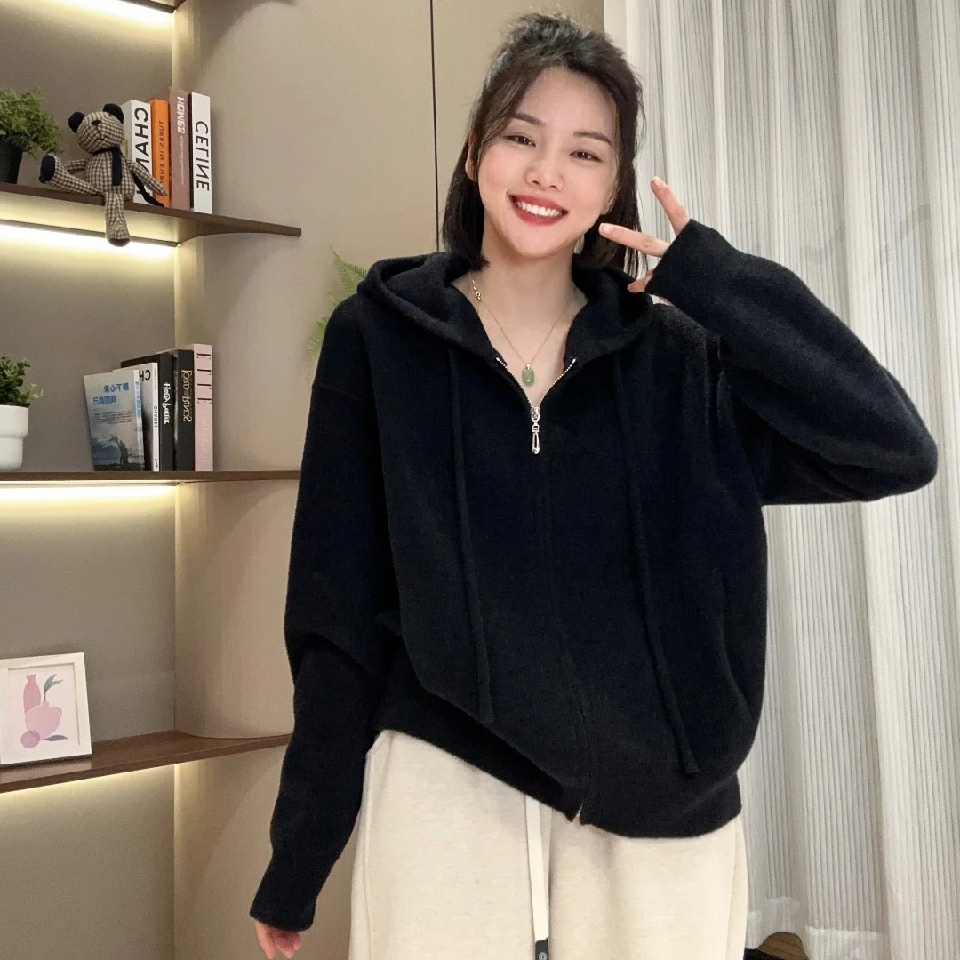 秋冬暖宝宝绒绒宽松拉链连帽针织毛衣开衫3-10-14