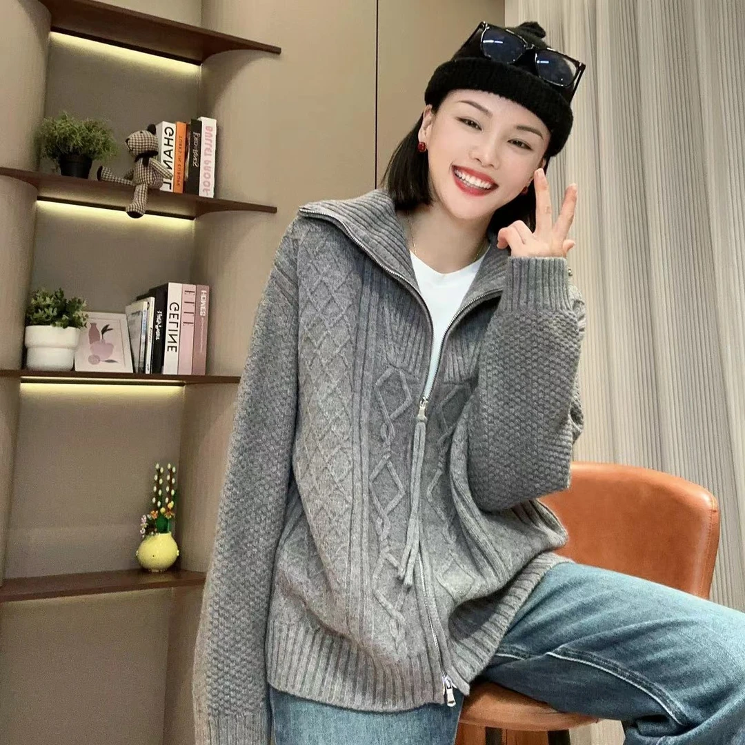 秋季菱格麻花高领翻领拉链开衫长袖针织衫4-9-15