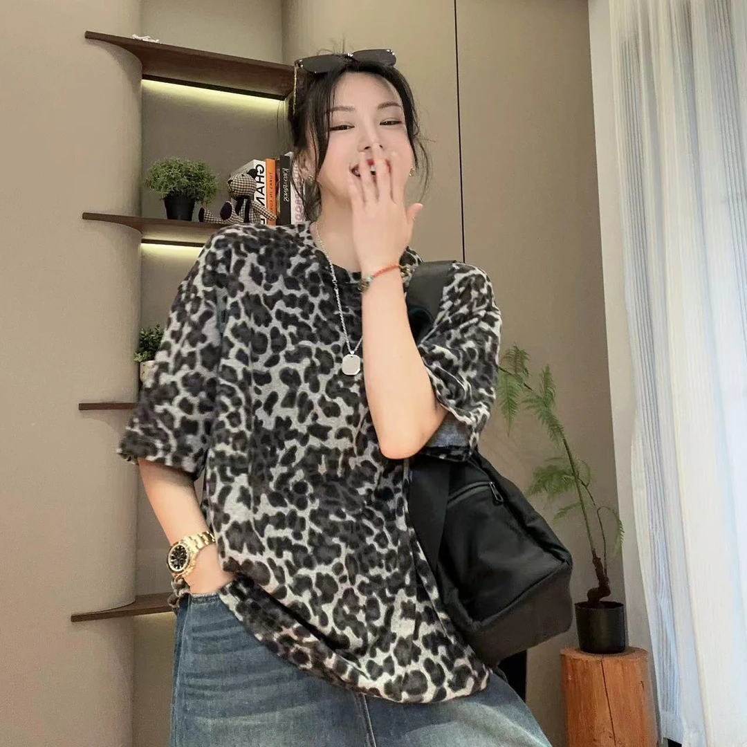软糯豹纹圆领弹力宽松短袖T恤4-8-7
