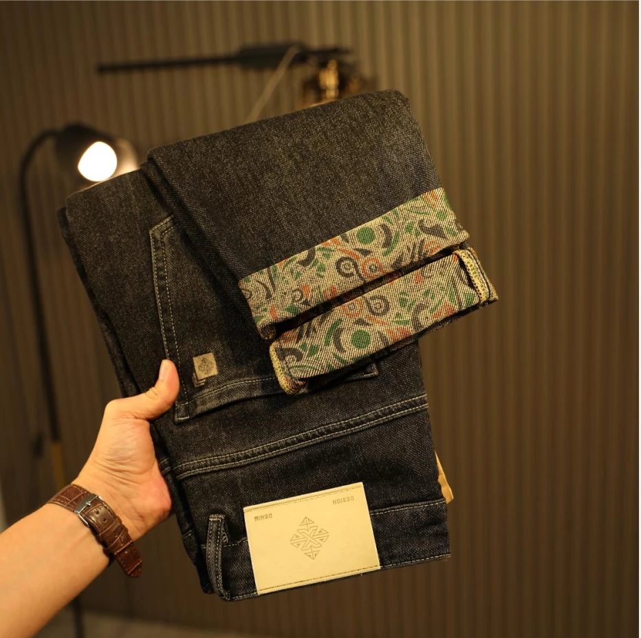 【秋冬新款】加厚加绒修身百搭欧版小直筒底印花时尚休闲男士牛仔裤