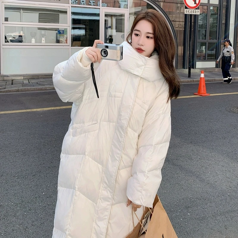 菱形格休闲连帽过膝长款加厚冬季网红百搭情侣宽松保暖填充棉