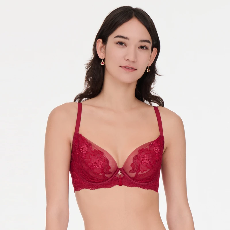 爱慕3/4薄款有钢圈红色蕾丝刺绣女士文胸聚拢舒适女性AM138301