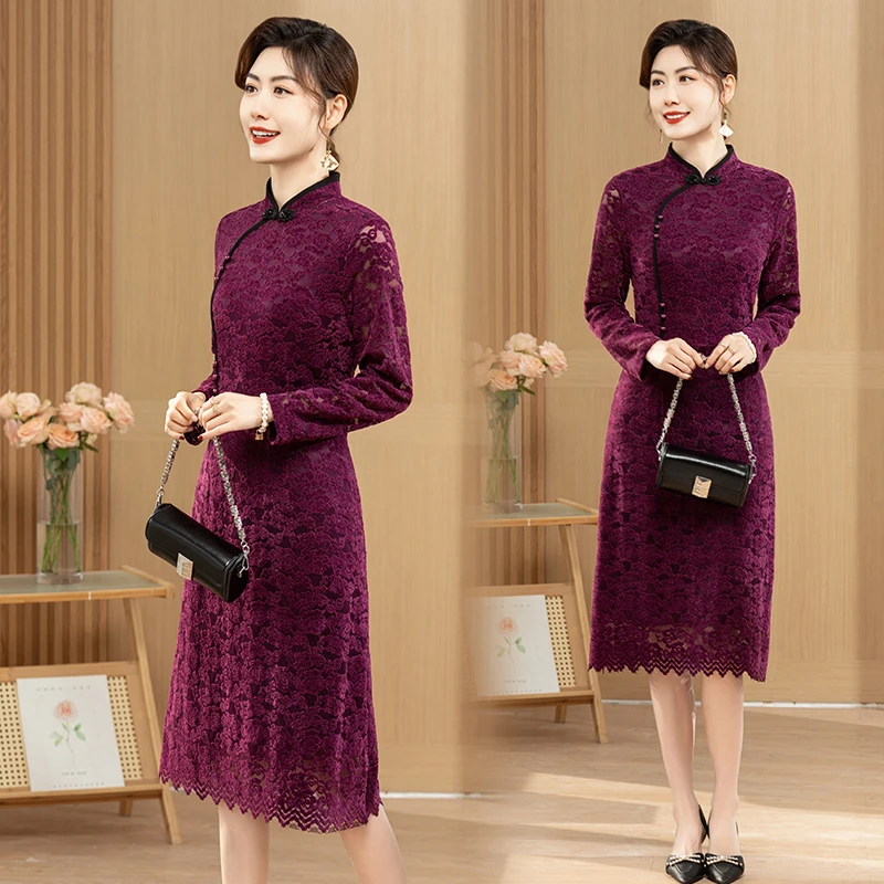 2024年妈妈春秋款复古高档提花蕾丝袖连衣裙修身显瘦中长款旗袍裙