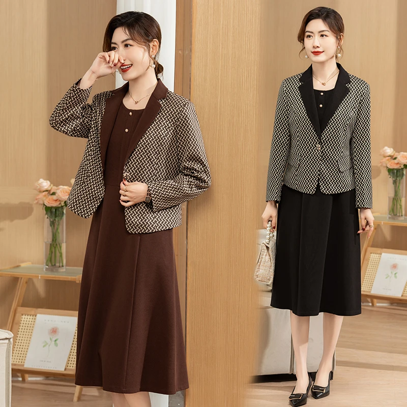 春秋时尚套装连衣裙2024外套香风新款妈妈气质裙子两件套新年战袍