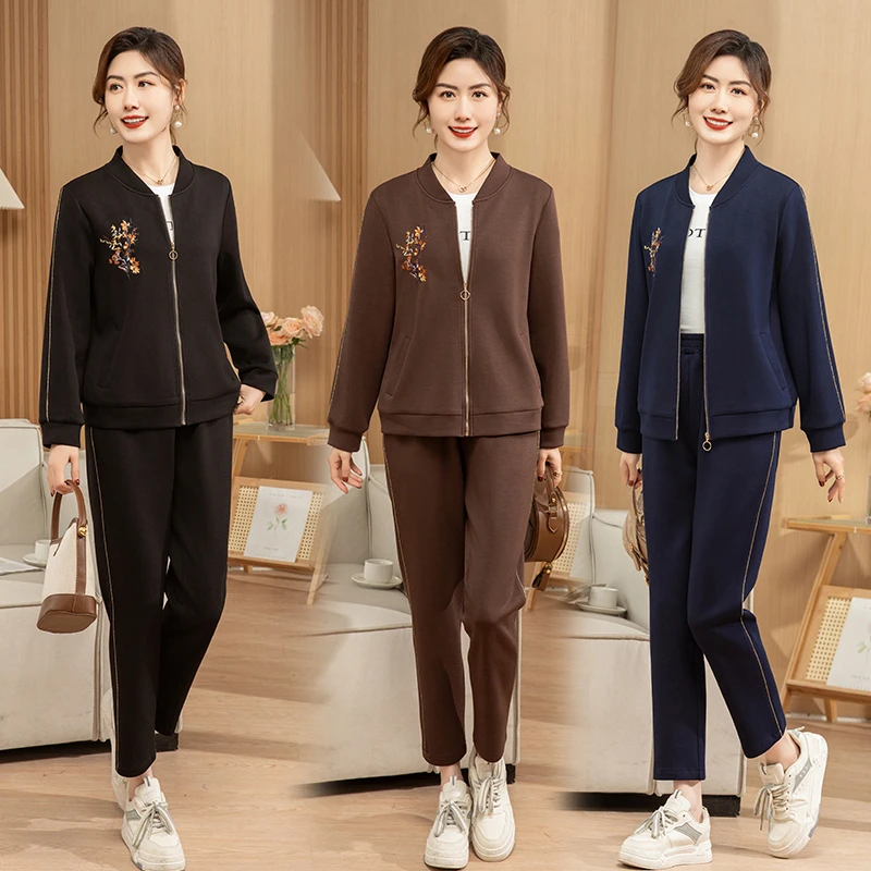 时尚中年妈妈装春秋款长袖棒球服休闲上衣洋气中老年女装运动套装