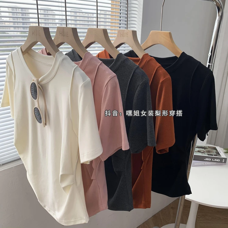 小蛮腰】纯色圆领双收腰宽松显瘦短袖T恤女夏季百搭不规则梨形上衣