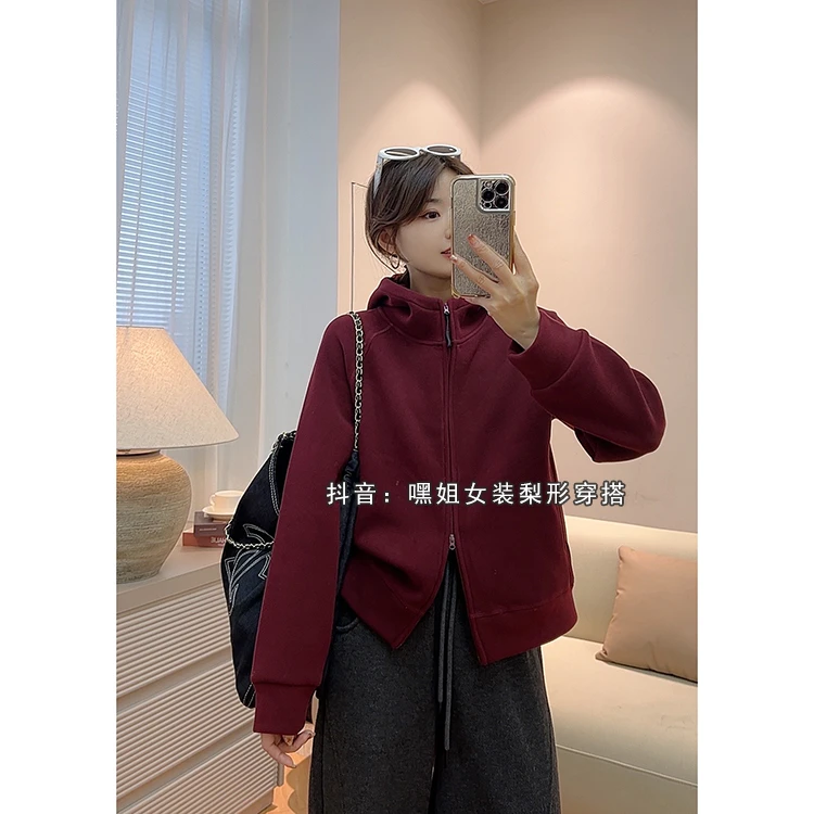 【腰骨帽衫】韩版立体经线双拉链连帽卫衣宽松百搭休闲显瘦外套女