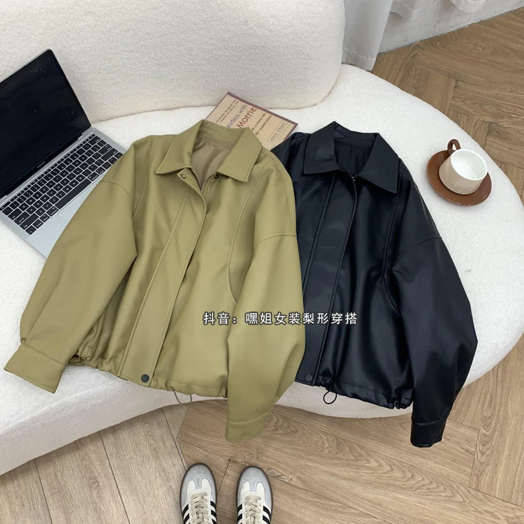 【小富婆】翻领时尚皮夹克外套女秋季新款宽松百搭设计感上衣