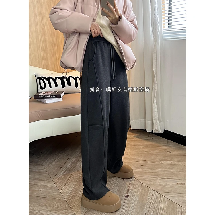 【线条美学】加绒加厚斜纹弯刀裤女冬季宽松显瘦保暖人字纹裤HJ702