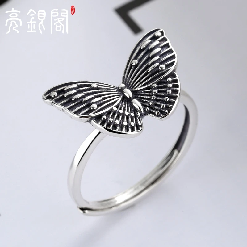 亮银阁 925银戒指 女款蝴蝶个性创意复古活口开口可调装饰戒指