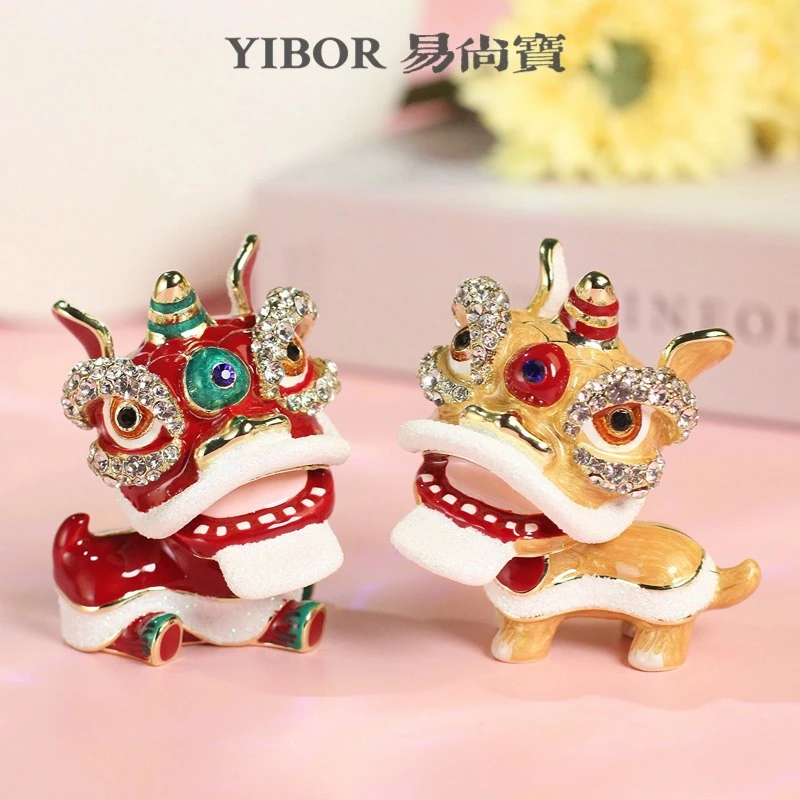 首饰盒/箱 珐琅首饰盒手工艺品中式传统舞狮吉祥物醒狮摆件JH3055