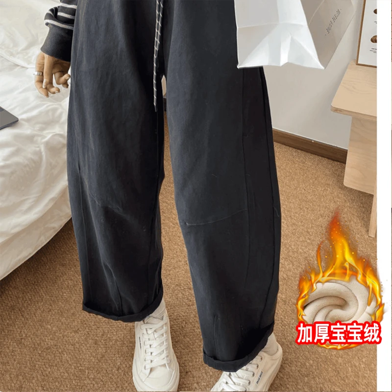 欧货松紧高腰阔腿裤女秋季宽松休闲直筒裤小个子九分哈伦裤老爹裤