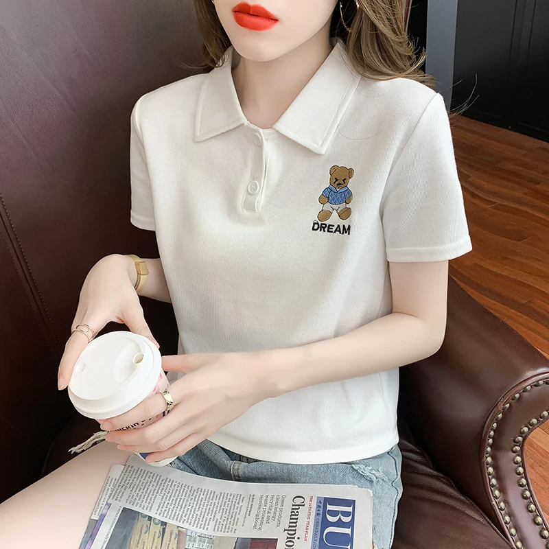 小熊刺绣POLO领短袖t恤女2023年新款夏装小个子翻领高腰短款上衣