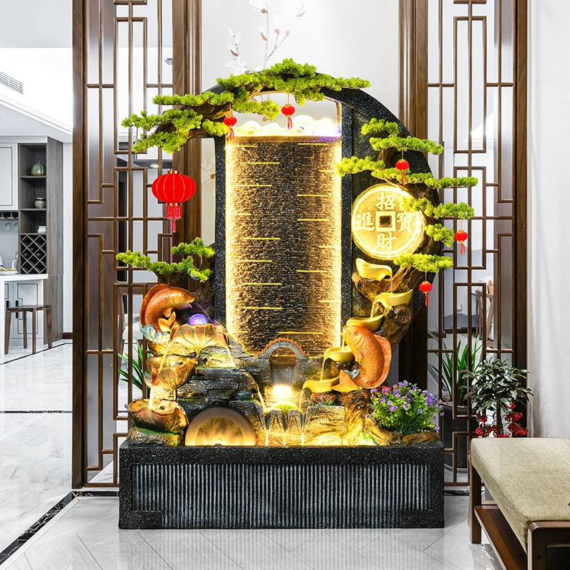 新中式假山流水屏风客厅公司办公室大堂隔断水幕墙定制开业乔迁礼