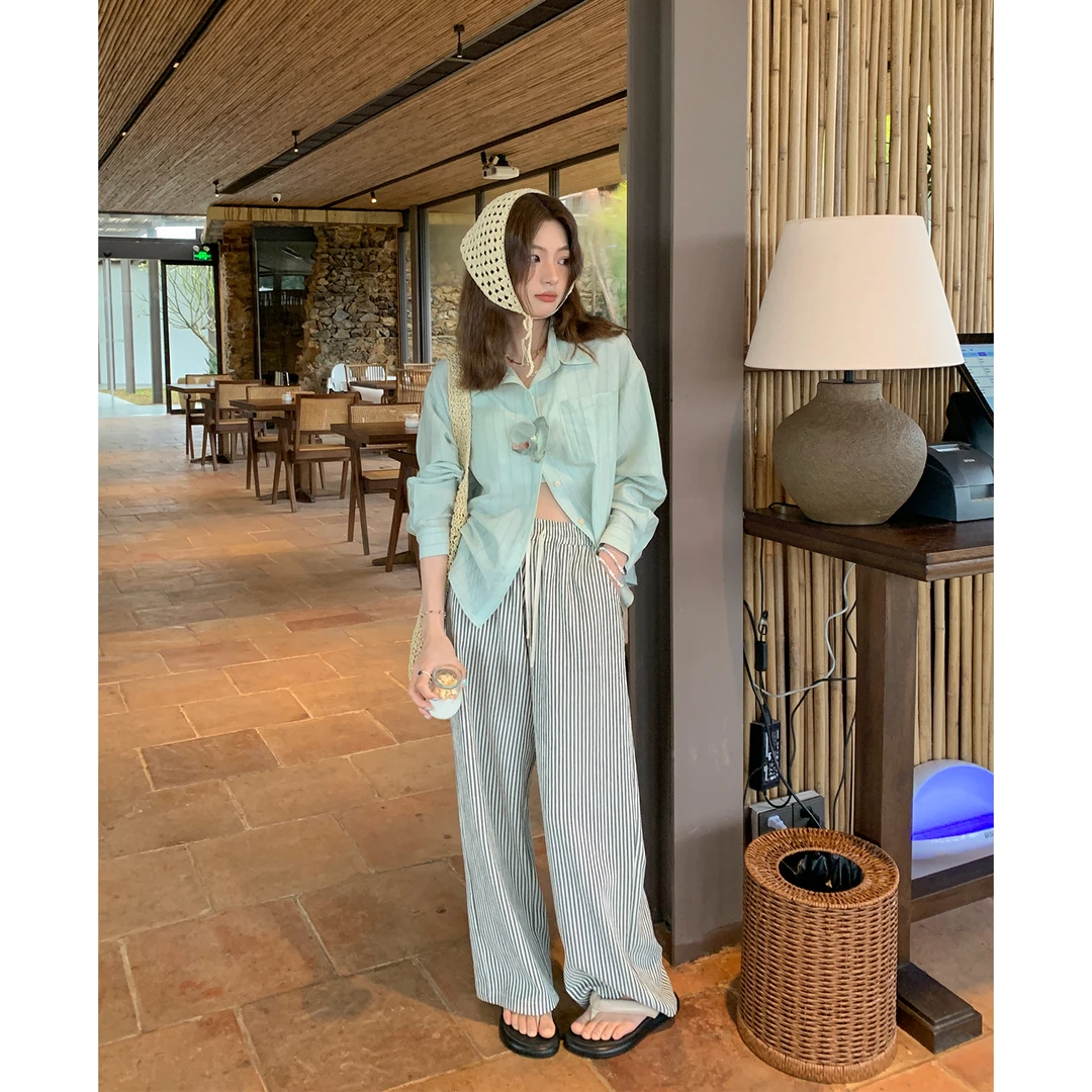 【西西里安】 慵懒系穿搭 小个子肌理感条纹阔腿裤女薄松紧腰休闲裤