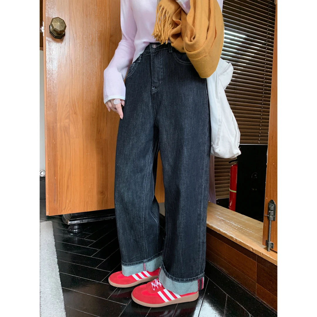 【西西里安】小个子怒赞裤型/ 丹宁色直筒卷边牛仔裤