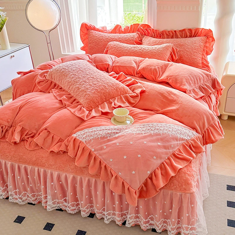 工艺花边款加厚牛奶绒四件套夹棉床盖款加绒保暖双面绒被罩四件套