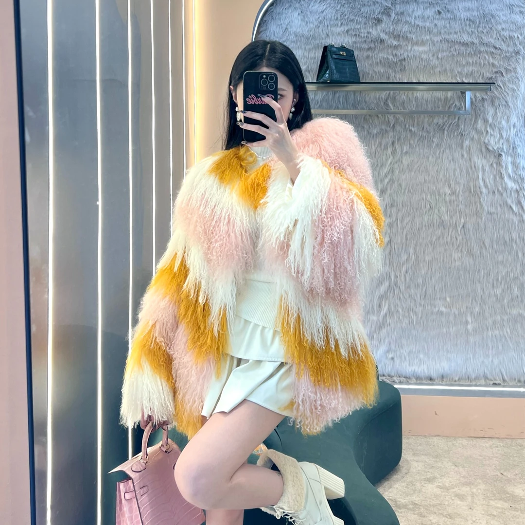 芊芝菲【彩虹棉花糖】软糯多色韩系滩羊毛皮草外套0035