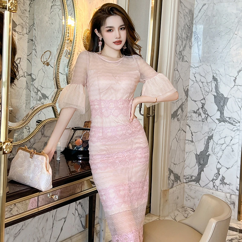 夏季新款显瘦气质减龄网红蕾丝修身夏季礼服中长款连衣裙20604