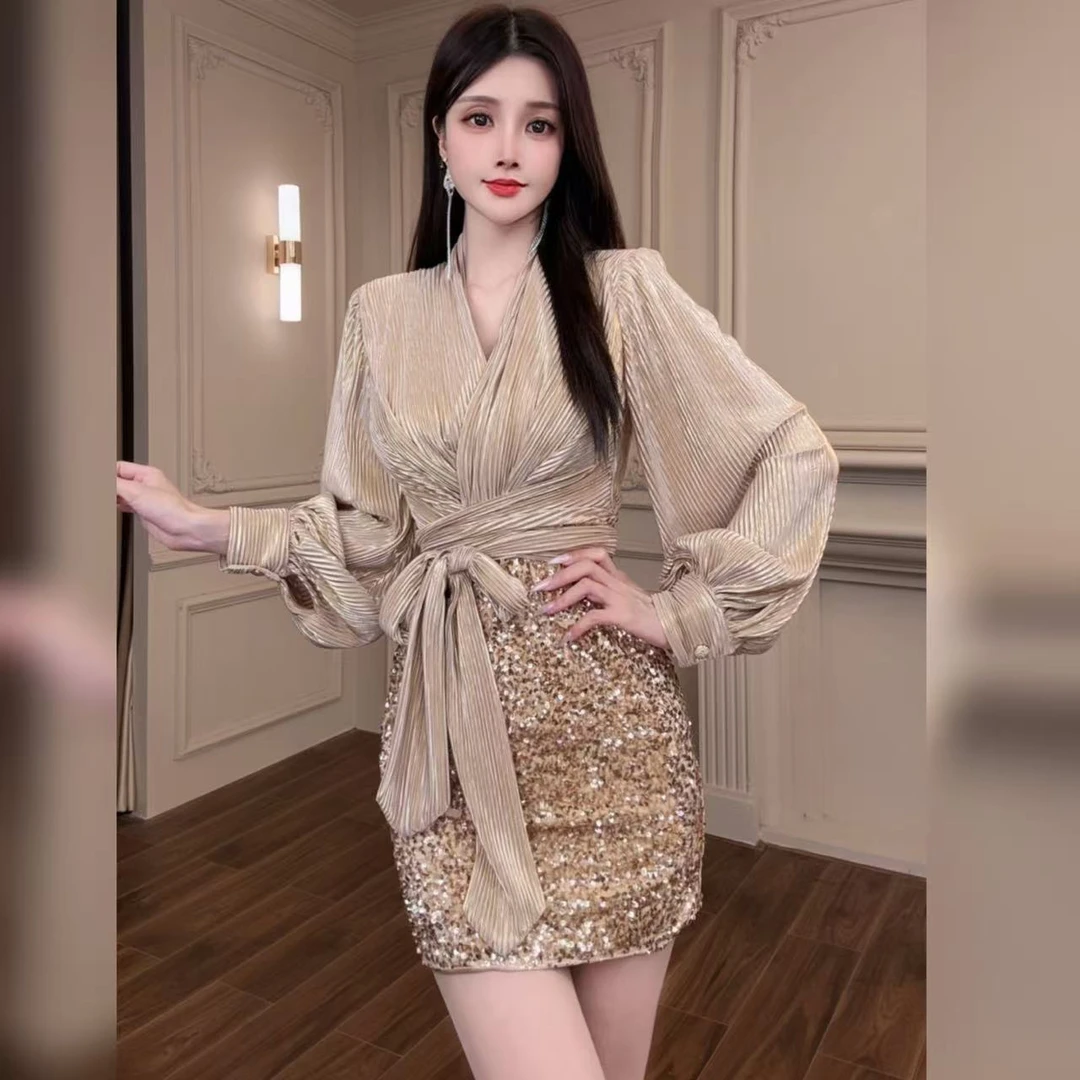 柔娜定制 落落大方千金女神气质收腰显瘦系带设计感连衣裙21438