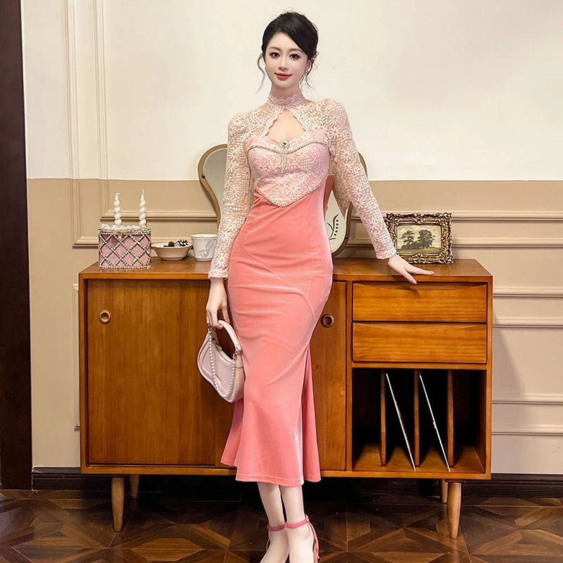 新款时尚气质秋冬法式粉色设计师时尚减龄洋气长袖连衣裙20992