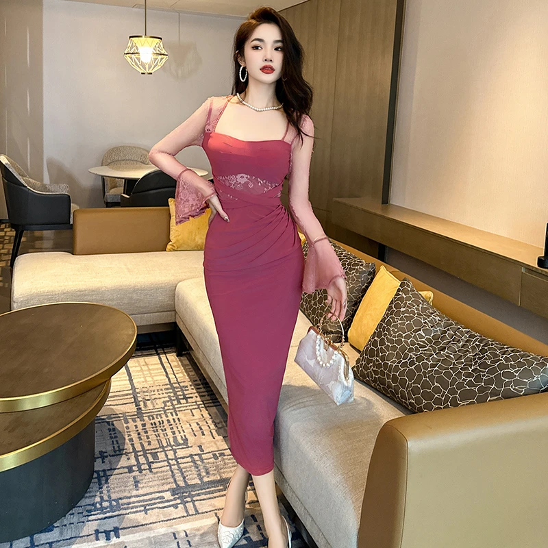 新款性感修身时尚复古收腰名媛开叉显瘦连衣裙20866