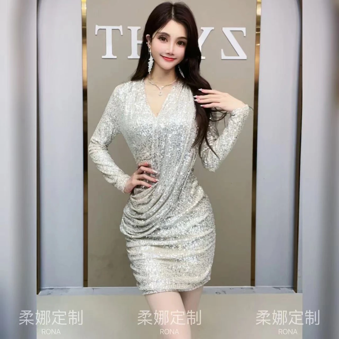 柔娜定制 气质长袖时尚收腰包臀名媛轻奢连衣裙5609