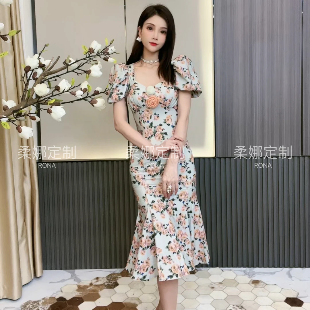 初恋约会款碎花显瘦气质法式收腰复古连衣裙10360