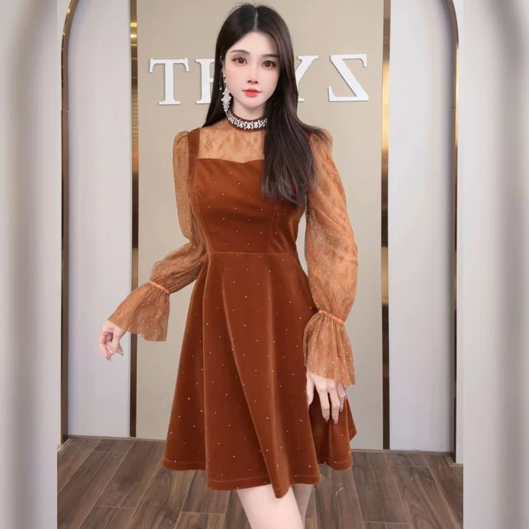 柔娜定制  女神气质千金大小姐轻奢收腰方领显瘦名媛连衣裙9937