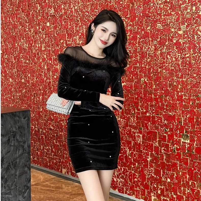 柔娜定制 气质时尚名媛性感长袖黑色修身显瘦包臀连衣裙40006