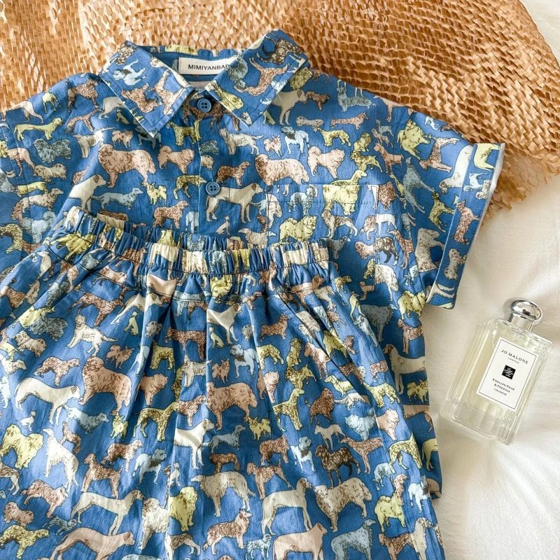 儿童套装2023眯眯眼夏季新品男女童满印卡通套装宝宝短袖衬衫套潮