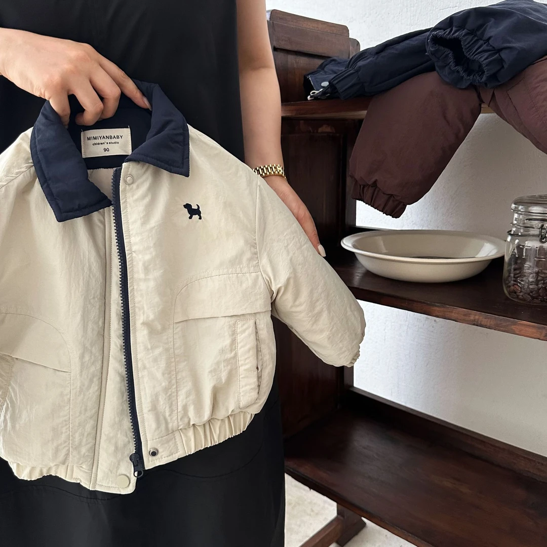 儿童夹棉外套2024男女童韩版撞色翻领棉衣宝宝卡通小狗洋气棉袄