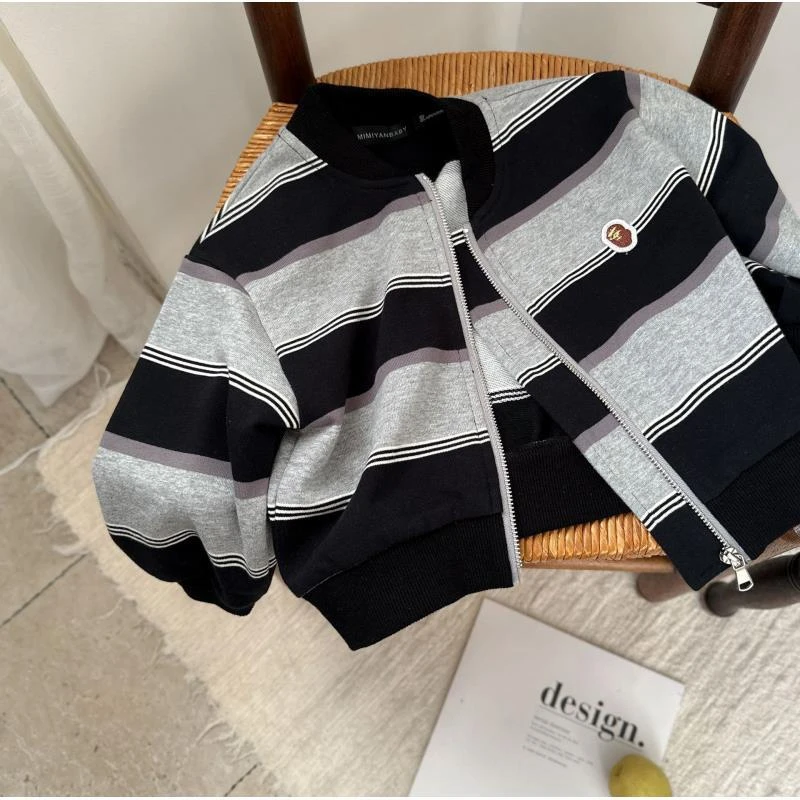 儿童拉链外套2025春季男女童条纹卫衣立领外套宝宝日系拉链衫潮