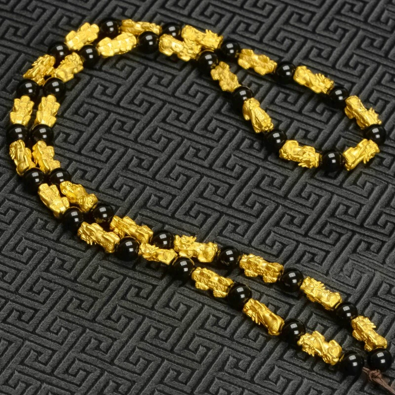 黄金貔貅项链转运珠男款999足金貔貅项链黑玛瑙3D硬金貔貅挂链30