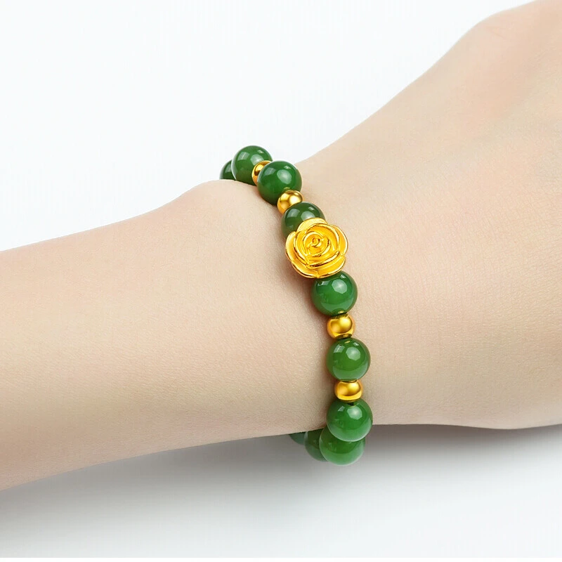 黄金手链和田碧玉玫瑰花 999足金转运珠真金女款妈妈生日礼物简约