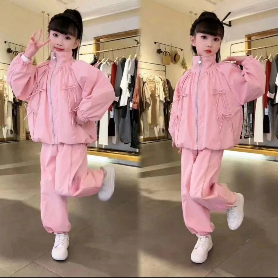 女童粉色甜美蝴蝶结套装2024春秋新款设计感秋装套装冲锋衣洋气潮