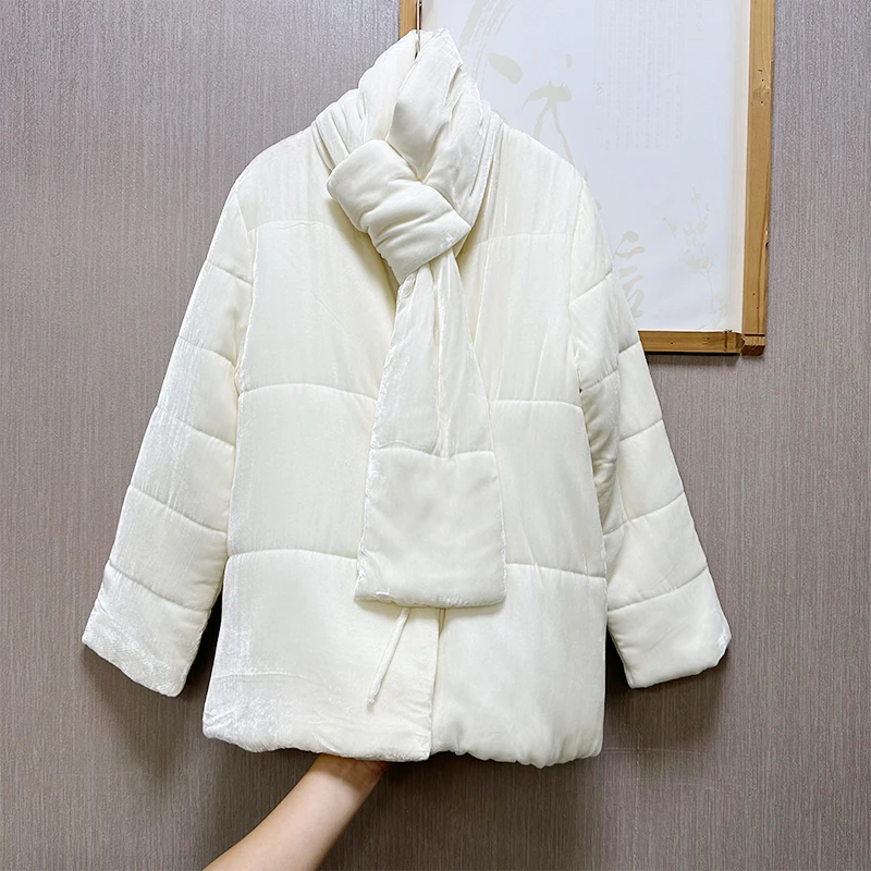 【送真丝围脖】100桑蚕丝丝绒棉服女新中式宽松休闲长袖真丝绒棉袄