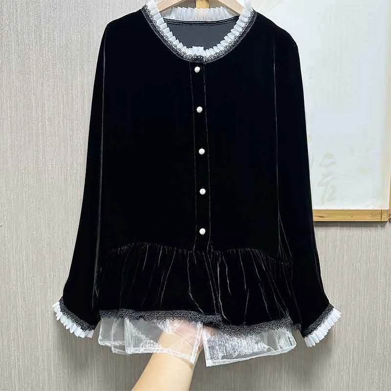 100桑蚕丝丝绒衬衣女上衣宽松木耳边拼接时尚真丝绒九分袖