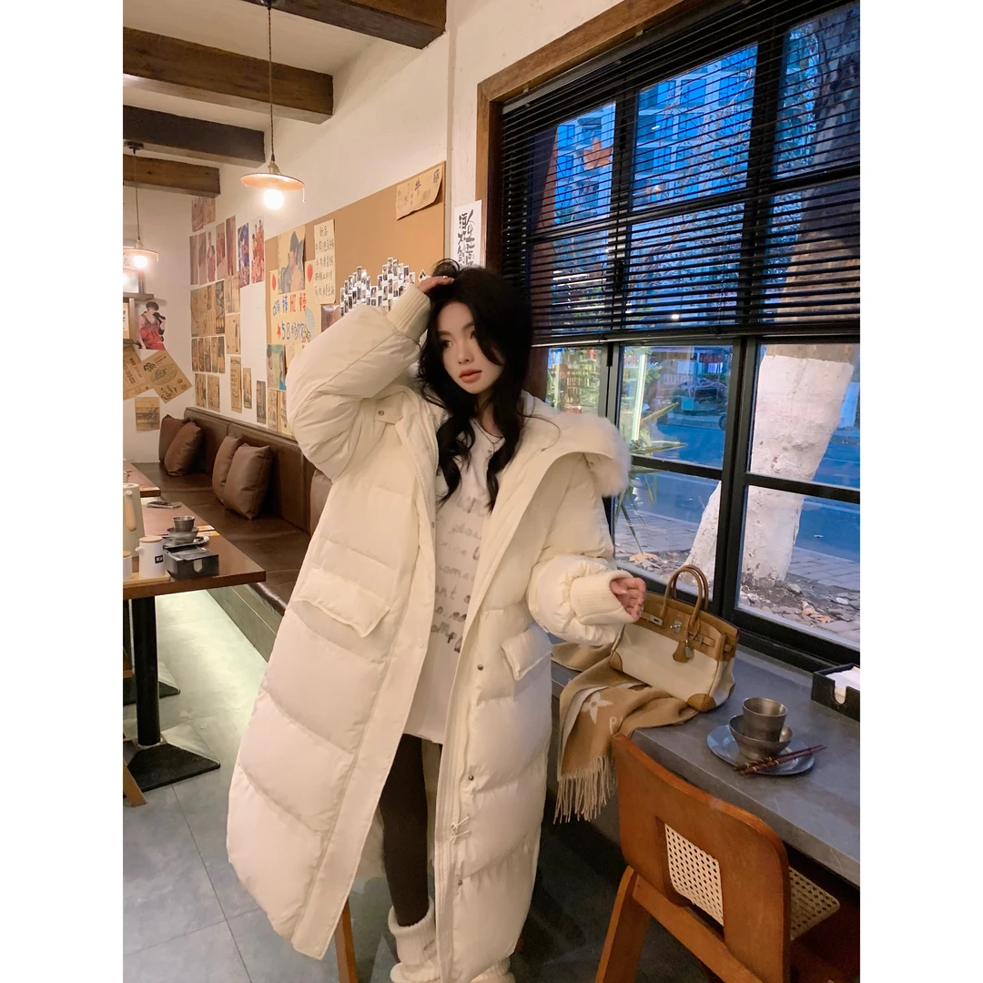 邱肉瑶「镜花水月」新款长款羽绒服毛毛领连帽宽松中长款加厚韩版